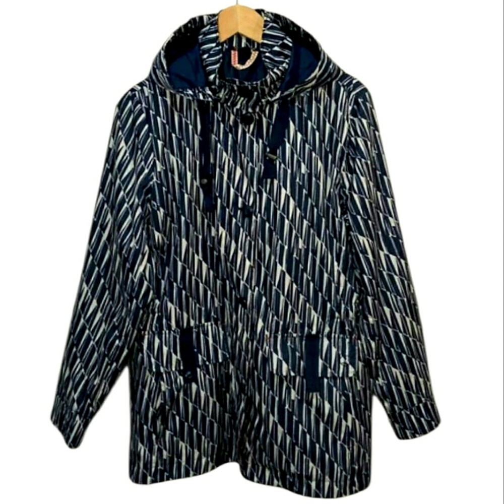 Land's End Women's Hooded Raincoat L Navy Blue White Abstract Print Nautical